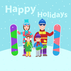 family vacation.family with snowboard. happy holidays