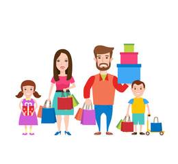 Family shopping.Happy family with shopping bags and gift boxes