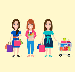 Woman shopping. woman with shopping bag.woman with shopping cart. woman with grocery bag