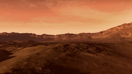 Foto op Aluminium Mars-achtige rode planeet, met dor landschap, rotsachtige heuvels en bergen, voor ruimteverkenning en sciencefiction-achtergronden. © 3000ad