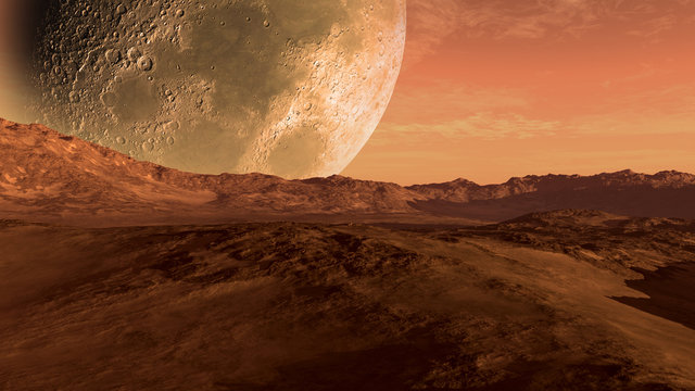 Mars like red planet with arid landscape, rocky hills and mountains, and a giant moon at the horizon, for space exploration and science fiction backgrounds
