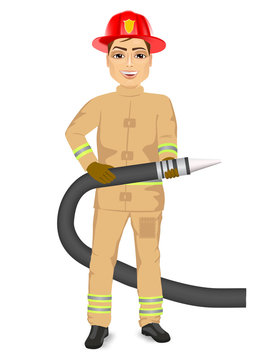 Happy Fireman Holding Hose