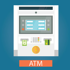 odern vector illustration of ATM machines with coin, credit card