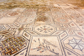 Bird and symbol mosaics inside Basilica di Aquileia, Italy