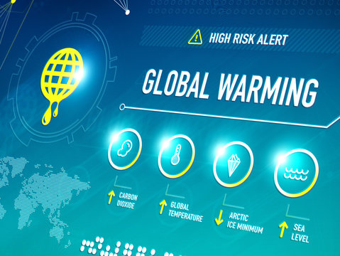 Global warming infographic shows key metrics that are effecting global climate change and becoming a high risk alert for the life on the Earth