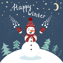 Happy winter card with enjoying snowman in vector