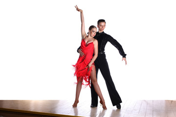 Fototapeta na wymiar Latino dancers in ballroom isolated on white