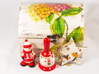 Snowman, Santa claus star, bell and wooden box, concept of Merry christmas and Happy New Year