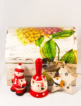 Snowman, Santa claus star, bell and wooden box, concept of Merry christmas and Happy New Year