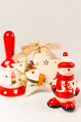 Snowman, Santa claus star, bell and wooden box, concept of Merry christmas and Happy New Year