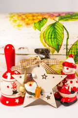 Snowman, Santa claus star, bell and wooden box, concept of Merry christmas and Happy New Year