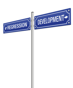 DEVELOPMENT and REGRESSION, written on two signposts. Isolated vector illustration on white background.