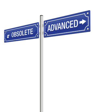 ADVANCED and OBSOLETE, written on two signposts. Isolated vector illustration on white background.