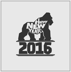 New Year card with Gorilla for year 2016. Vector illustration.