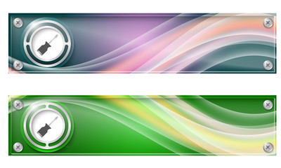 Set of two banners with colored rainbow and screwdriver