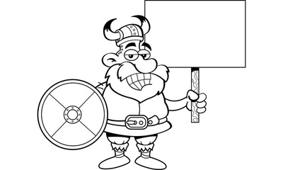 Black and white illustration of a Viking holding a sign and a shield.