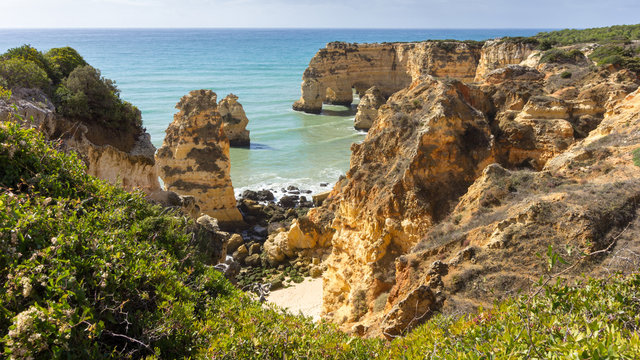 Elevated view of beach, Lagos, Faro, Portugal