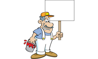 Cartoon illustration of a painter holding a paint can and a paint brush.