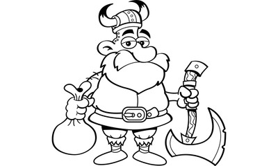 Black and white illustration of a Viking holding an axe and a sack.