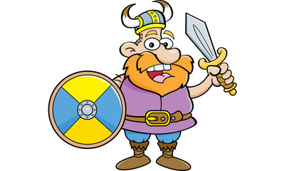 Cartoon illustration of a viking holding a shield and a sword.