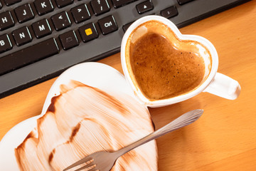 Closeup of cup of coffee and dirty saucer plate.