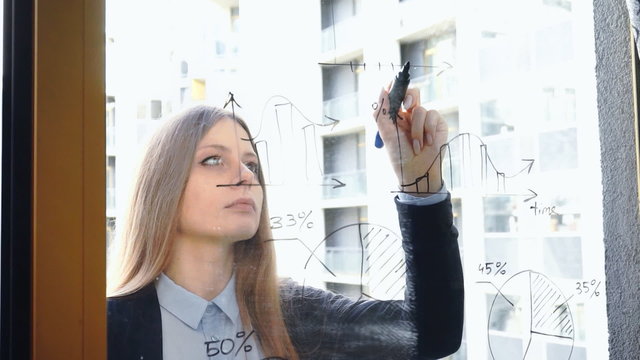 Lifestyle: beautiful young woman drawing math business graphs on the glass with skyscraper on background. Southpaw. Medium shot, handheld, slow motion 60 fps.