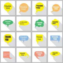 Thank you vector, appreciation and gratitude speech bubbles set. Large series of cute speech balloon with shadows and writing on it. Icons collection for retail and client oriented business.  