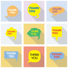 Thank you vector, appreciation and gratitude speech bubble set. Collection of cute speech balloon with shadows and writing on it. Icons set for business.  