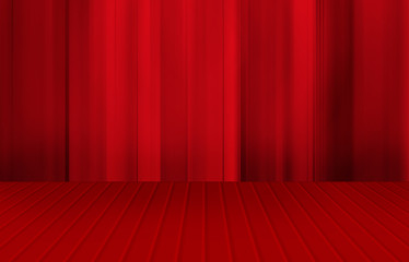 Wooden red floor stage and a red curtain in the background