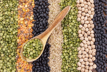 Wooden spoon on rows of grain.