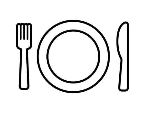 Dining line art icon with plate, fork and knife for apps and websites