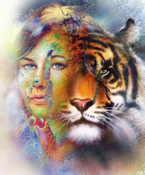painting of a bright mighty tiger head on ornamental background and mystic woman face, computer collage.