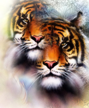  tiger collage on color abstract  background and mandala with ornamet , wildlife animals. Brown, orange, black and white color.