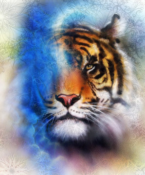 tiger collage on color abstract background and mandala with ornament, painting wildlife animals. Blue, orange, black and white color.