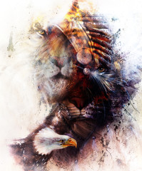 tiger with eagle and indian headdress illustration. wildlife animals on painting background.