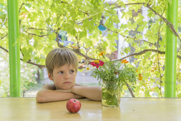 Portrait of a boy with an apple and flowers