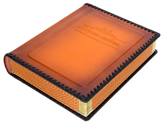 Brown leather photo album cover with decorative frame for text 