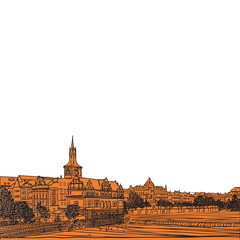 Fototapeta premium Prague, Czech Republic. View from Karlov bridge. Old Town Bridge Tower in European city, black & white vector sketch hand drawn collection. 