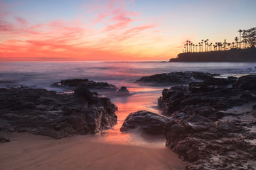 Long exposure of rocks and seaweed moss in waves, giving a mist like effect over ocean in Laguna...