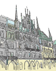 Fototapeta premium Munich Town Hall, Munich, Bavaria, capital of Germany, European city, vector sketch hand drawn collection, drawing, scribble