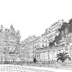 The Mill Colonnade with hotel, the biggest colonnade in Karlovy Vary, Czech Republic. Vector sketch hand drawn collection.