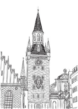 Old Town Hall, Munich, Bavaria, Germany, European city, vector sketch hand drawn collection