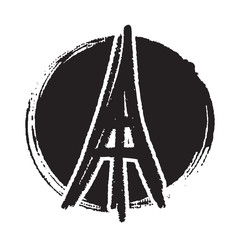 Eiffel Tower in painted ink circle shape background, France, Paris, symbol, logo or pin. Design for print.