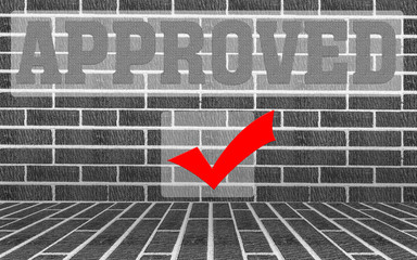 grey brick wall and floor interior background with word "APPROVED"