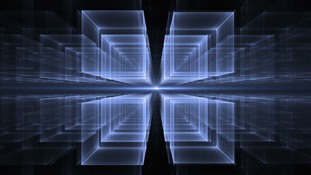 Dynamic blue  translucent cubes rotating in space on black background stretching off to infinity , fantasy geometrical horizon, abstract illustration, animation, seamless loop 