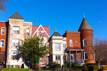 Residential row houses in US Capital in late autumn. Historic architecture of Mount Vernon Square in Washington DC, USA.