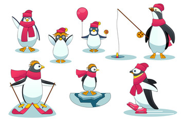 Penguins in different situations. Vector illustration cartoon style