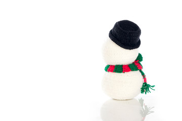Snowman rear Wearing a black hat with a red scarf and green on a