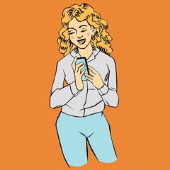 Retro drawed woman watch at her smartphone