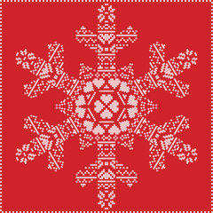 Scandinavian winter cross stitching, knitting  christmas pattern in  in  snowflake shape , with cross stitch frame including , snow, hearts, stars, decorative elements in white on red  background
